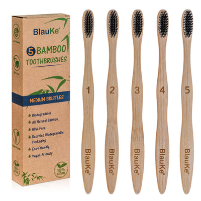 Bamboo Charcoal Toothbrush Set – 5-Pack Medium Bristles | Eco-Friendly & Biodegradable - Korvel