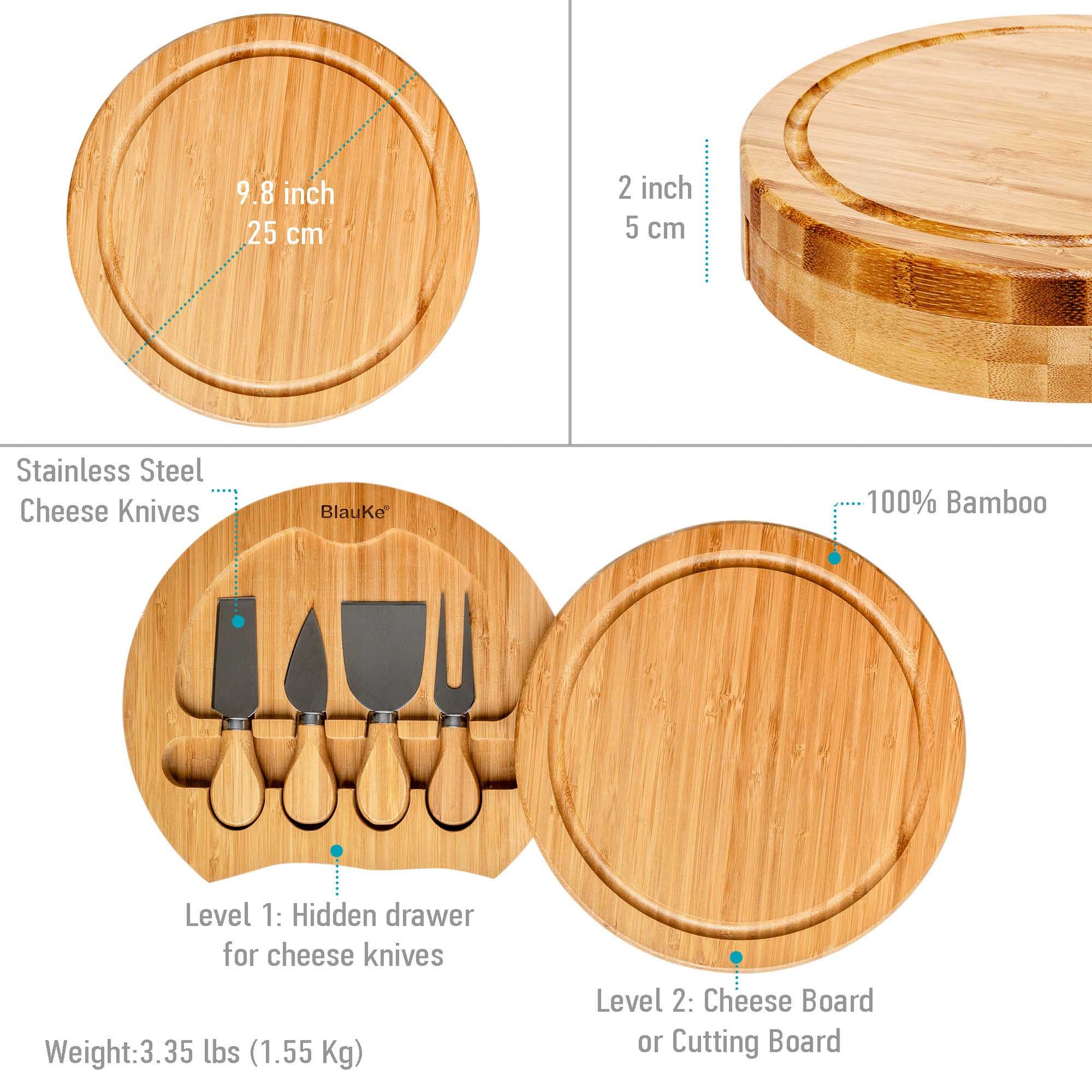 Round Bamboo Cheese Board & Knife Set – 10" Swivel Charcuterie Platter with Hidden Drawer - Korvel
