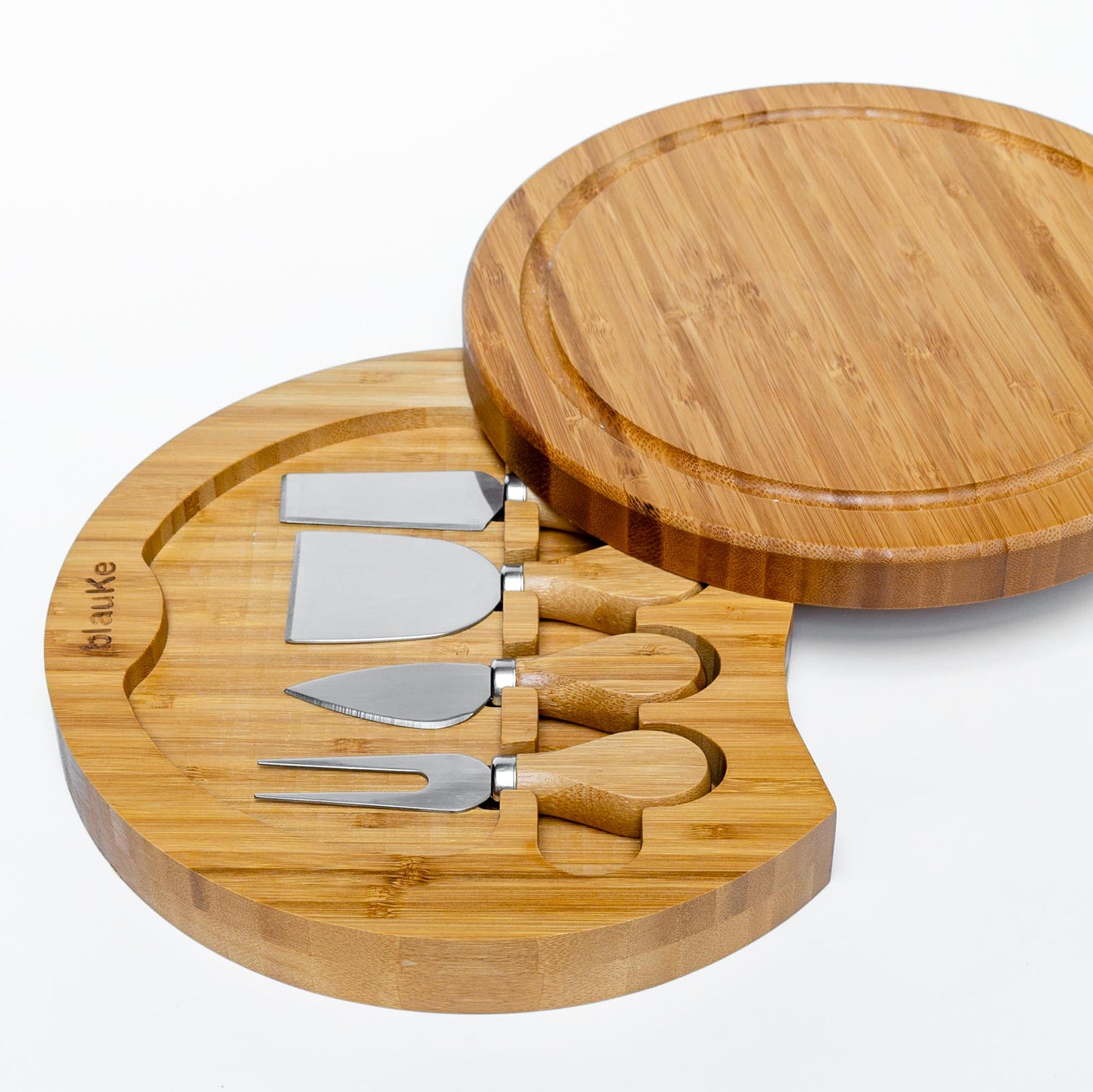 Round Bamboo Cheese Board & Knife Set – 10" Swivel Charcuterie Platter with Hidden Drawer - Korvel