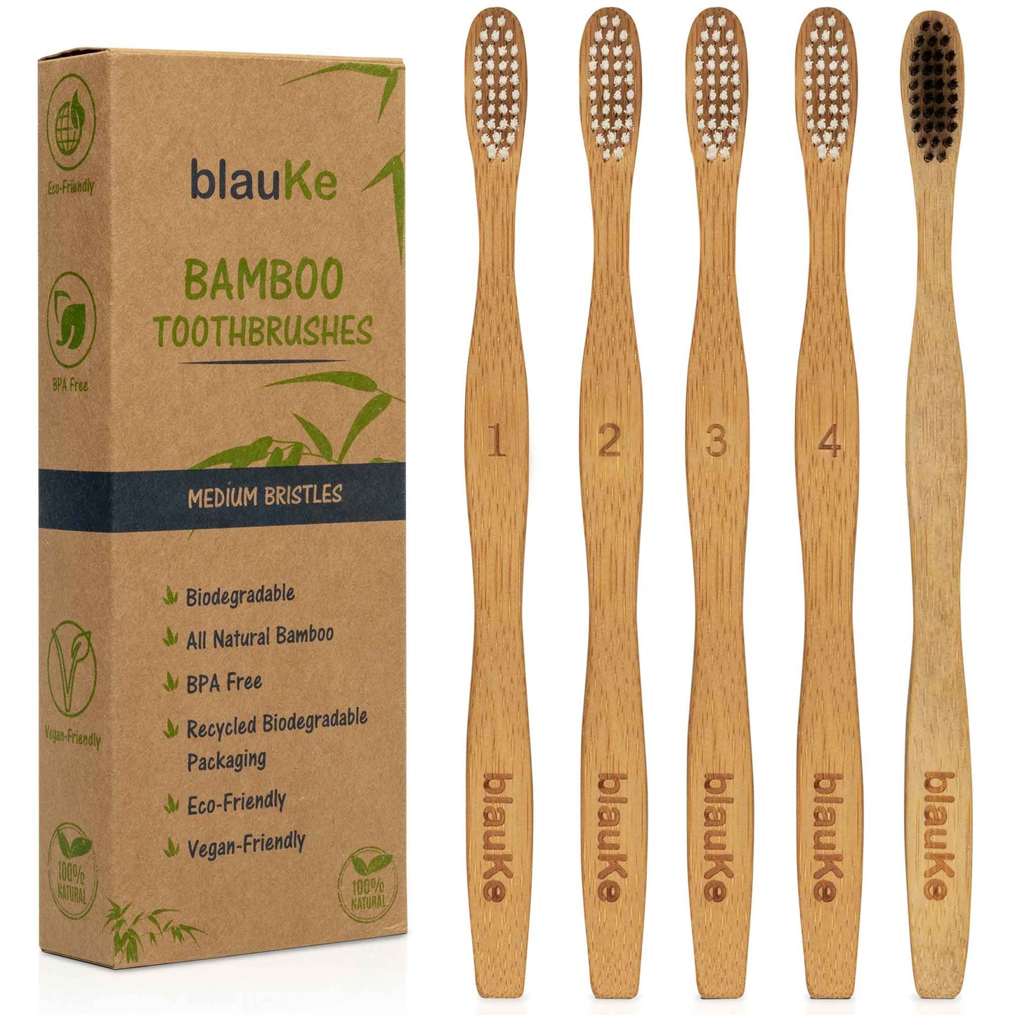 Bamboo Toothbrush Set – 4 Natural & 1 Charcoal | 5-Pack Eco-Friendly - Korvel