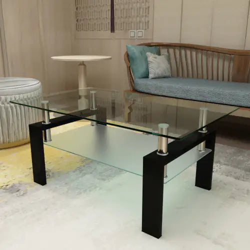 Mesa de café rectangular moderna de vidrio negro para sala de estar