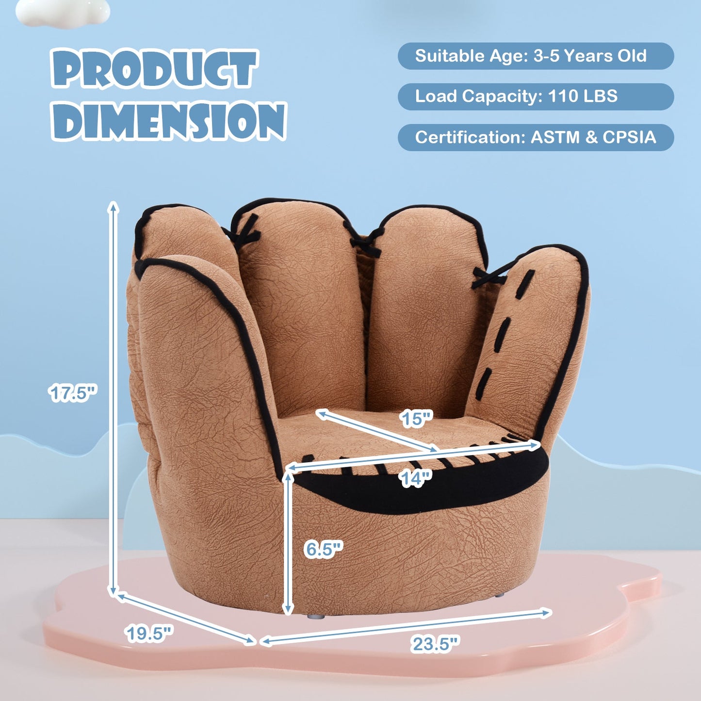 Kids Baseball Glove Shaped Upholstered Sofa