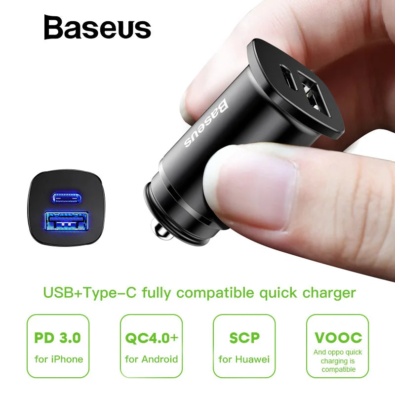 Baseus 30W Dual USB C PD Quick Charge QC 4.0 Car Charger For Mobile Phone Charger Fast USB PD Type C AFC SCP Car Phone Charger - Korvel