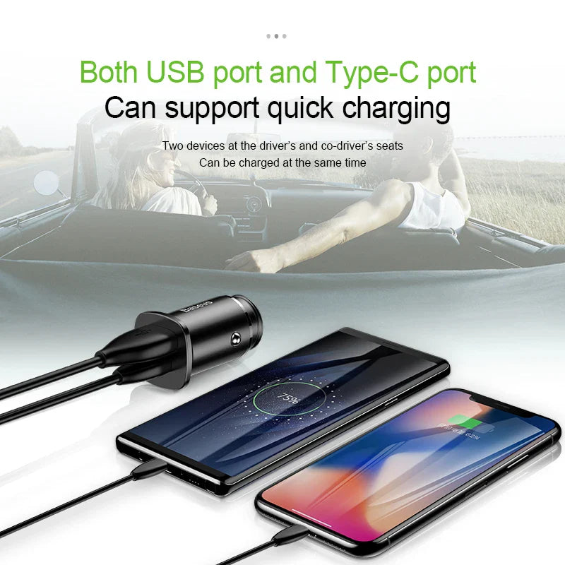 Baseus 30W Dual USB C PD Quick Charge QC 4.0 Car Charger For Mobile Phone Charger Fast USB PD Type C AFC SCP Car Phone Charger - Korvel