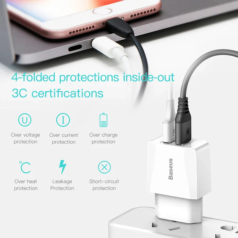 Baseus 5V 2.1A Dual USB Charger For Phone Fast Charging Charger Portable EU Plug Travel Adapter Wall charger - Korvel