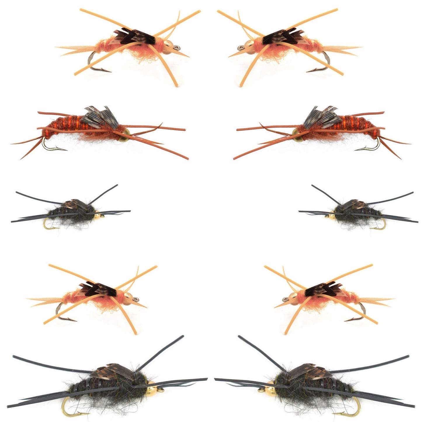Colección Basics - Surtido de ninfas Stonefly de Kaufmann - 10 moscas húmedas con cabeza de cuenta y patas de goma - 5 patrones - Tamaños de anzuelo 4, 6, 8, 10 y 12 