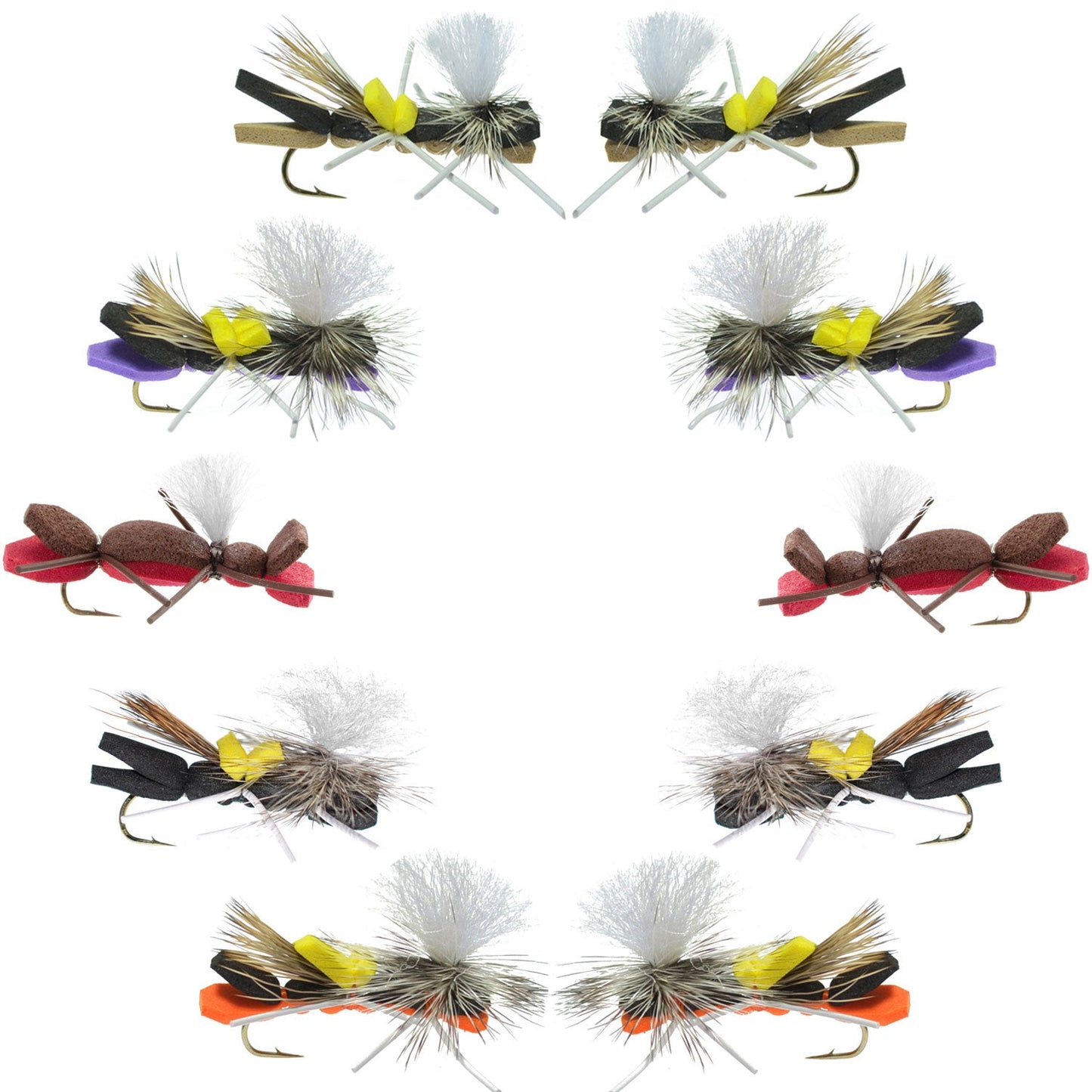 Ultimate Parachute Chernobyl Ant Foam Dry Fly Set - 10 Premium Grasshopper Dropper Flies - 5 Distinct Patterns - Size 10 Hooks - Korvel