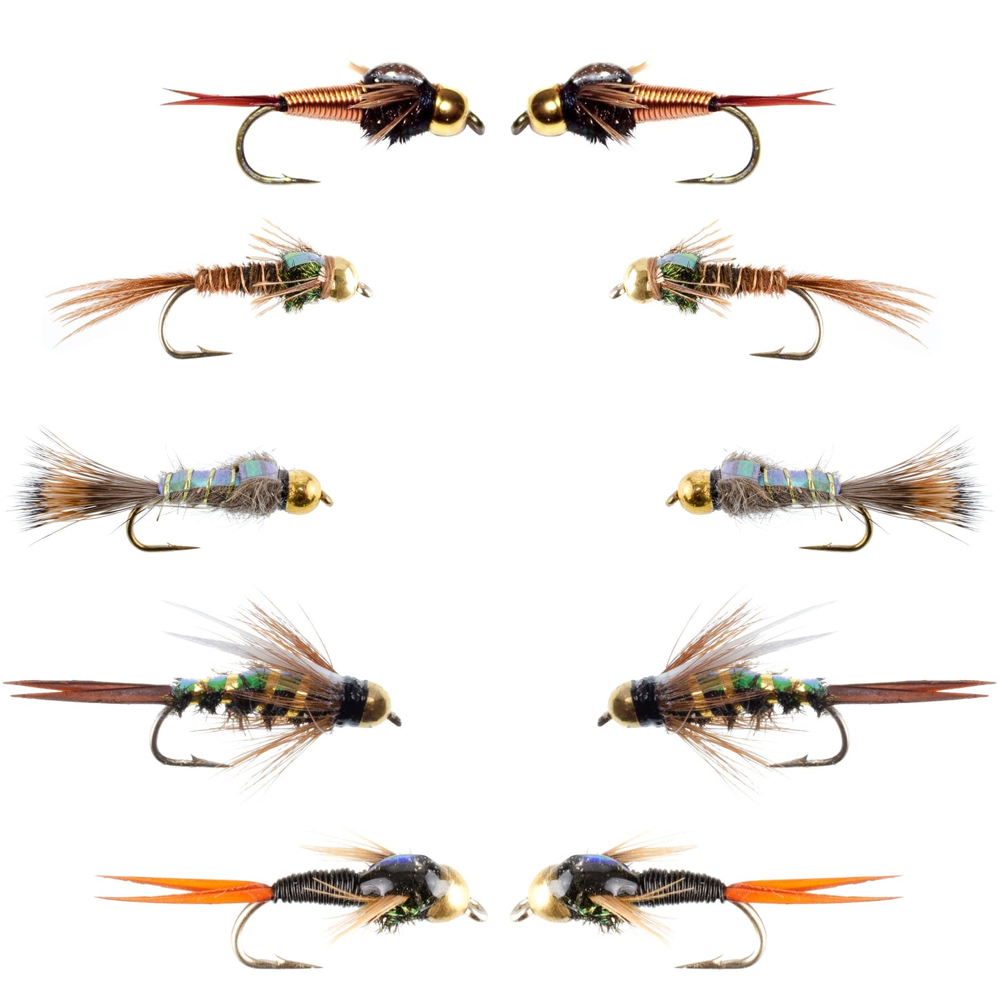 Essentials Collection - Tungsten Bead Head Nymph Set - 10 Premium Wet Flies - 5 Unique Patterns - Hook Sizes 10, 12, 14, 16 - Korvel