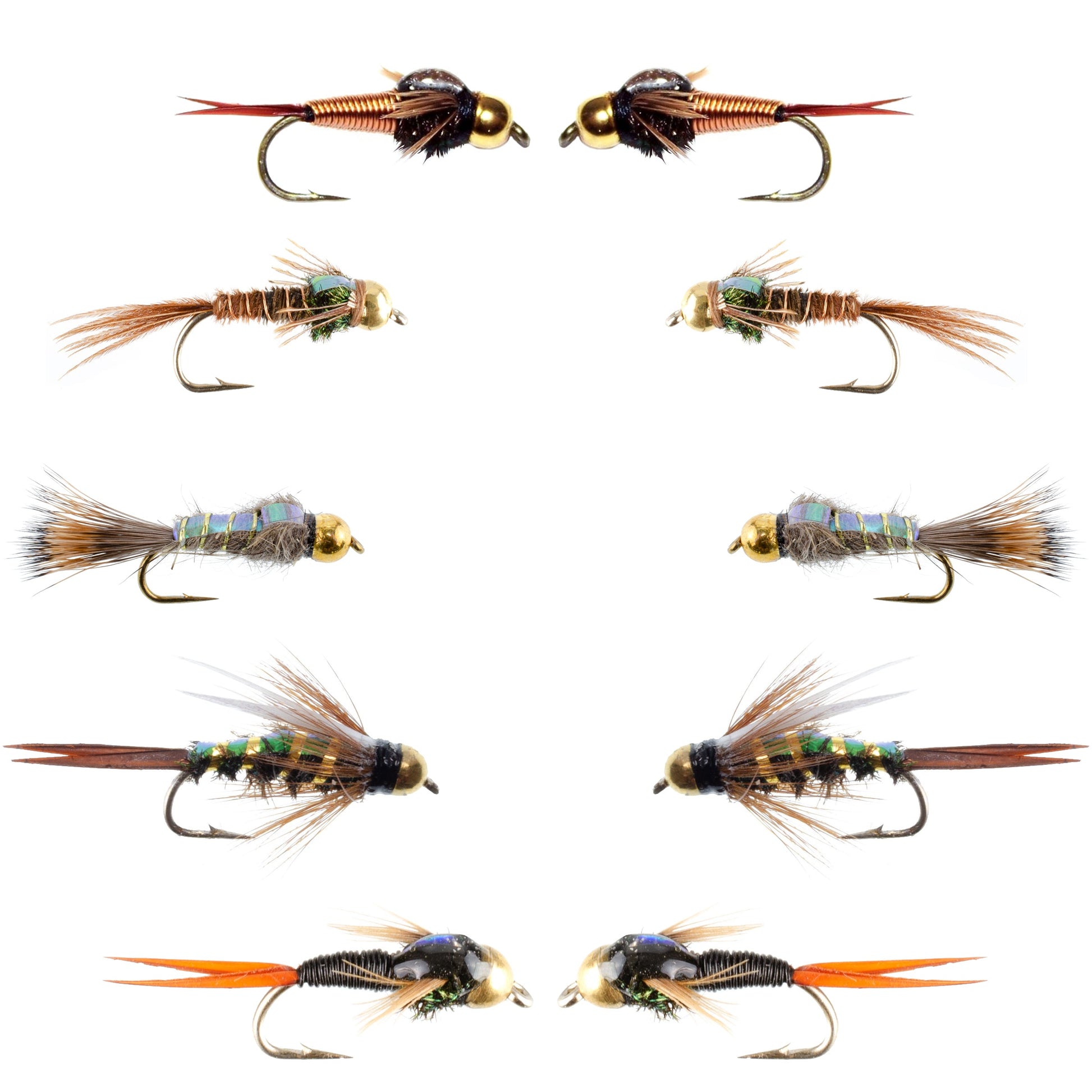 Essentials Collection - Tungsten Bead Head Nymph Set - 10 Premium Wet Flies - 5 Unique Patterns - Hook Sizes 10, 12, 14, 16 - Korvel