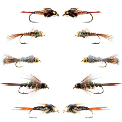Essential Fly Fishing Collection - Copper John & Flash Back Bead Head Nymphs - 10 Premium Wet Flies - 5 Unique Patterns - Hook Sizes 10 to 1 - Korvel