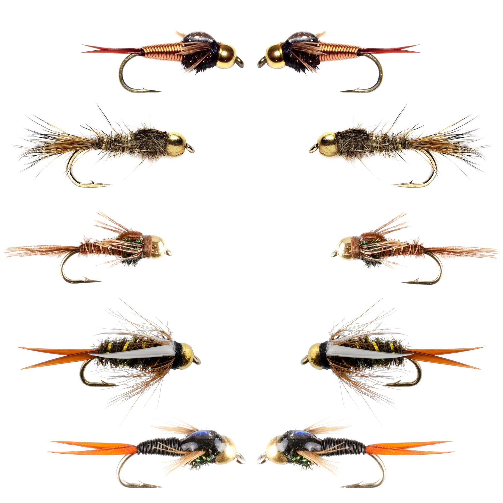 Copper John & Bead Head Nymph Fly Assortment - 10 Premium Wet Flies in 5 Patterns - Korvel