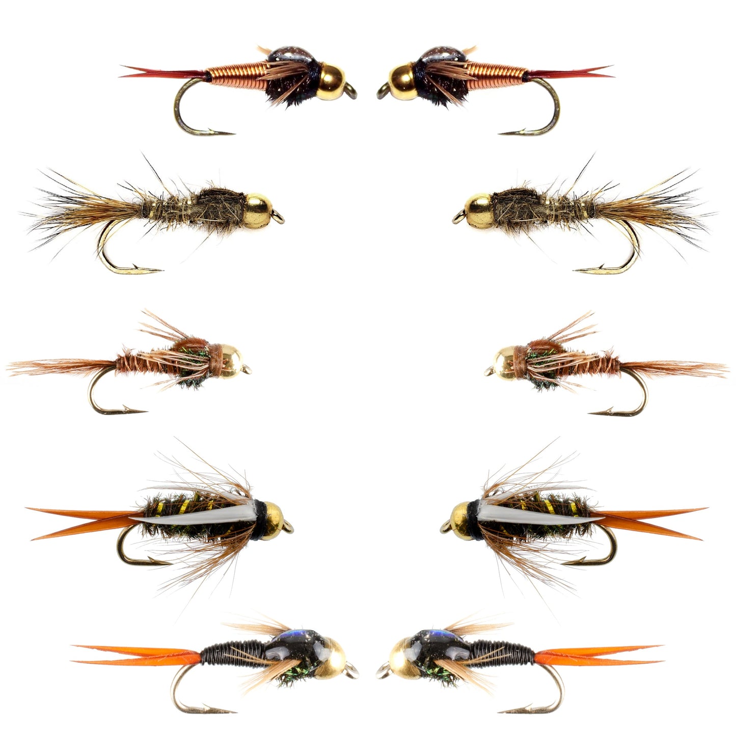 Basics Collection - Tungsten Bead Head Nymph Assortment - 10 Wet Flies - 5 Patterns - Hook Sizes 10, 12, 14, 16 - Korvel