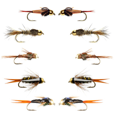 Basics Collection - Tungsten Bead Head Nymph Assortment - 10 Wet Flies - 5 Patterns - Hook Sizes 10, 12, 14, 16 - Korvel