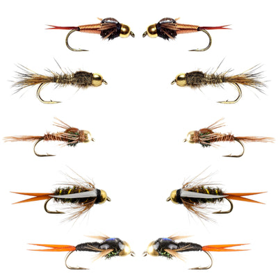 Basics Collection - Tungsten Bead Head Nymph Assortment - 10 Wet Flies - 5 Patterns - Hook Sizes 10, 12, 14, 16