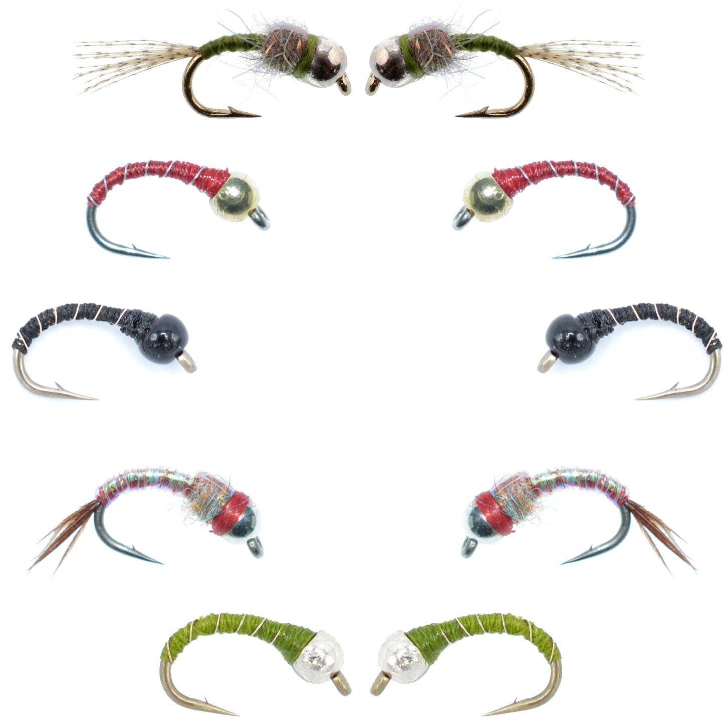 Essential Bead Head Midge Nymph Fly Assortment - 10 Premium Wet Flies in 5 Patterns - Korvel