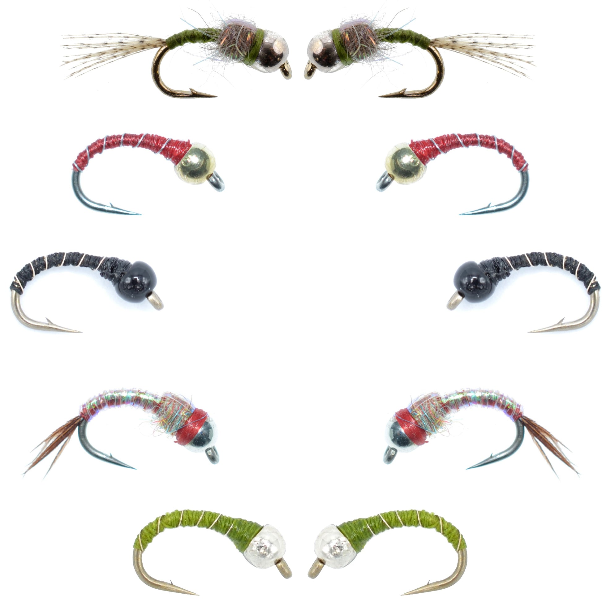 Essential Bead Head Midge Nymph Fly Assortment - 10 Premium Wet Flies in 5 Patterns - Korvel
