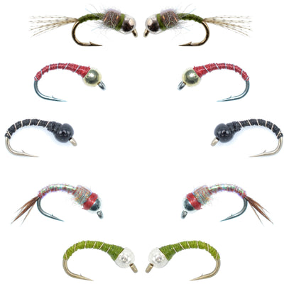 Essential Bead Head Midge Nymph Fly Assortment - 10 Premium Wet Flies in 5 Patterns - Korvel