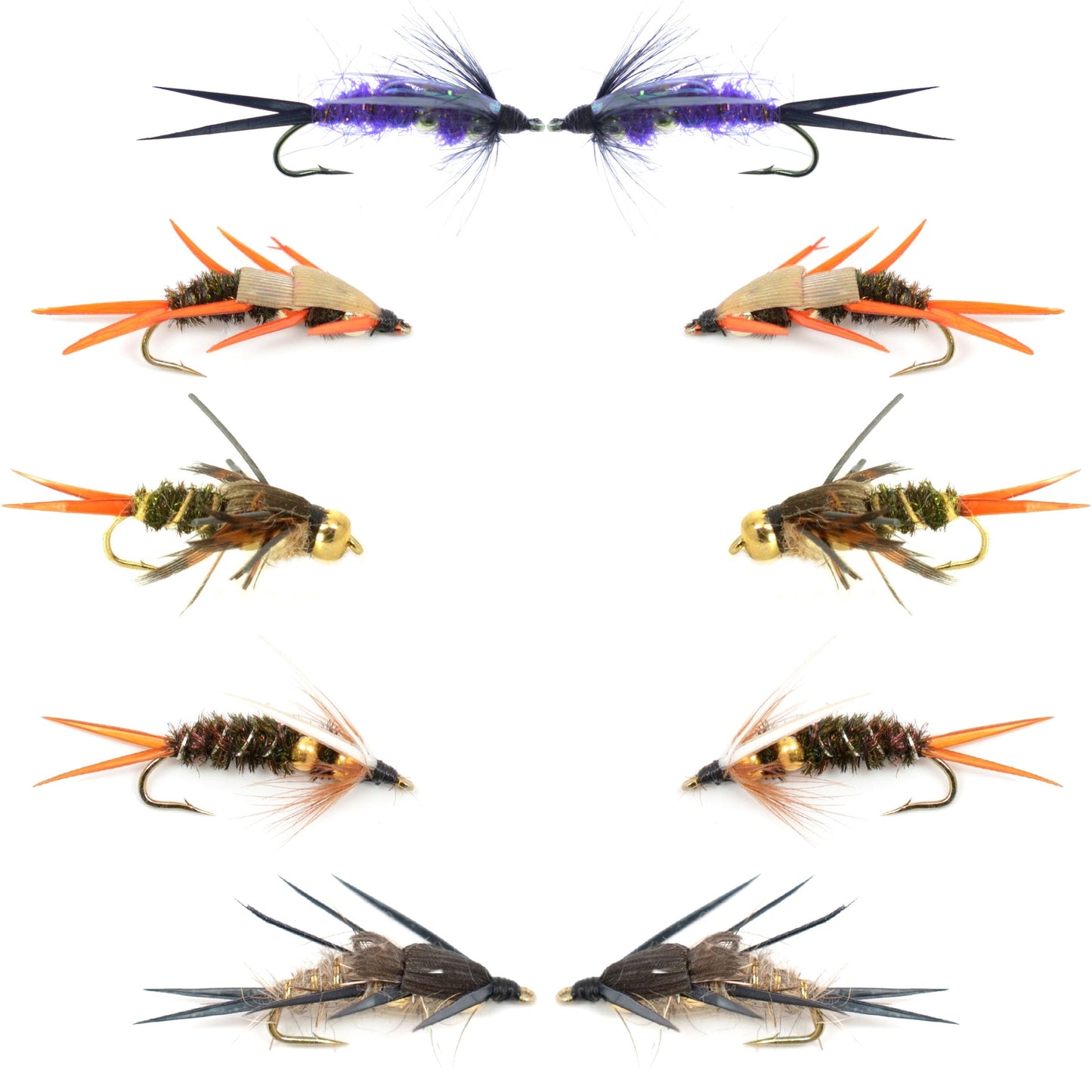 Essential Double Bead Nymph Fly Set - 10 Premium Wet Flies - 5 Unique Patterns - Size 14 Hooks - Korvel