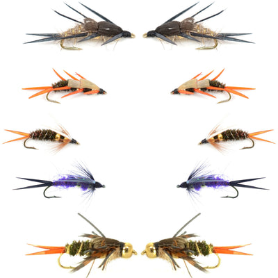 Essential Double Bead Nymph Fly Set - 10 Premium Wet Flies - 5 Unique Patterns - Size 10 Hooks - Korvel