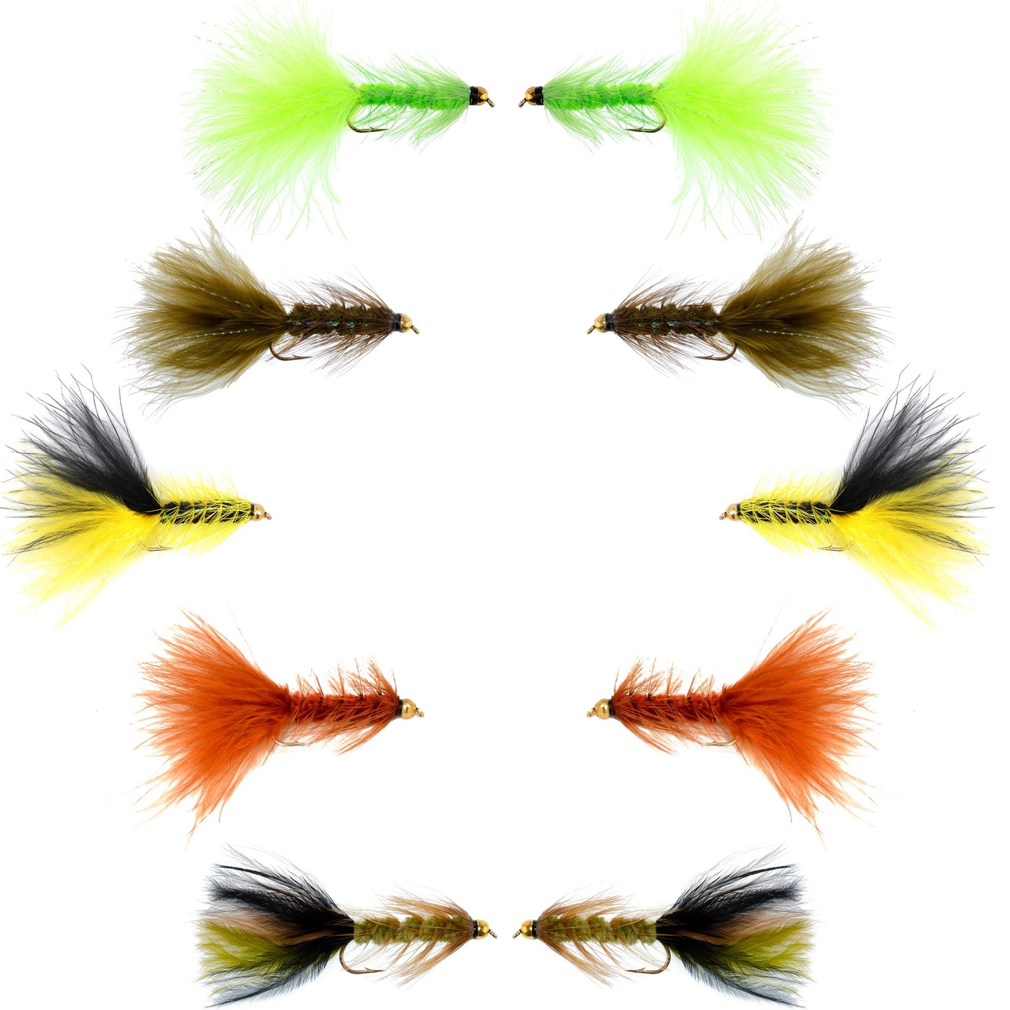 Premium Woolly Bugger Fly Assortment - 10 Bead Head Streamers - 5 Vibrant Patterns - Size 8 Hooks - Korvel