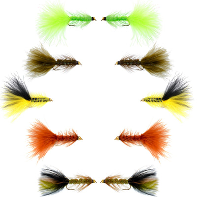 Basics Collection - Crystal Woolly Bugger Assortment - 10 Bead Head Wet Flies - 5 Patterns - Hook Size 4 - Korvel