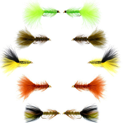 Basics Collection - Crystal Woolly Bugger Assortment - 10 Bead Head Wet Flies - 5 Patterns - Hook Size 4