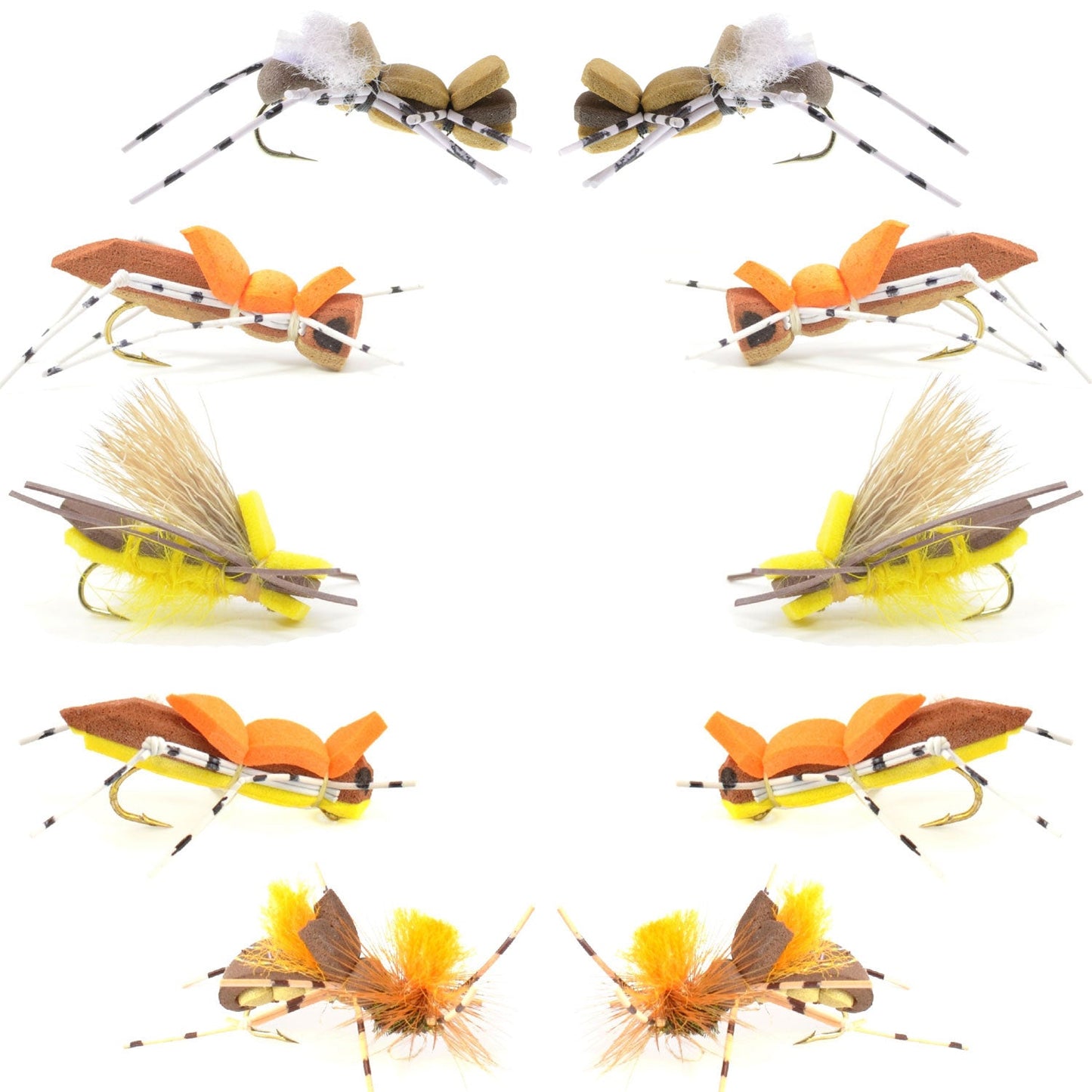Essential Foam Hoppers Dry Fly Set - 10 Premium Grasshopper Patterns - Size 10 Hooks - Korvel