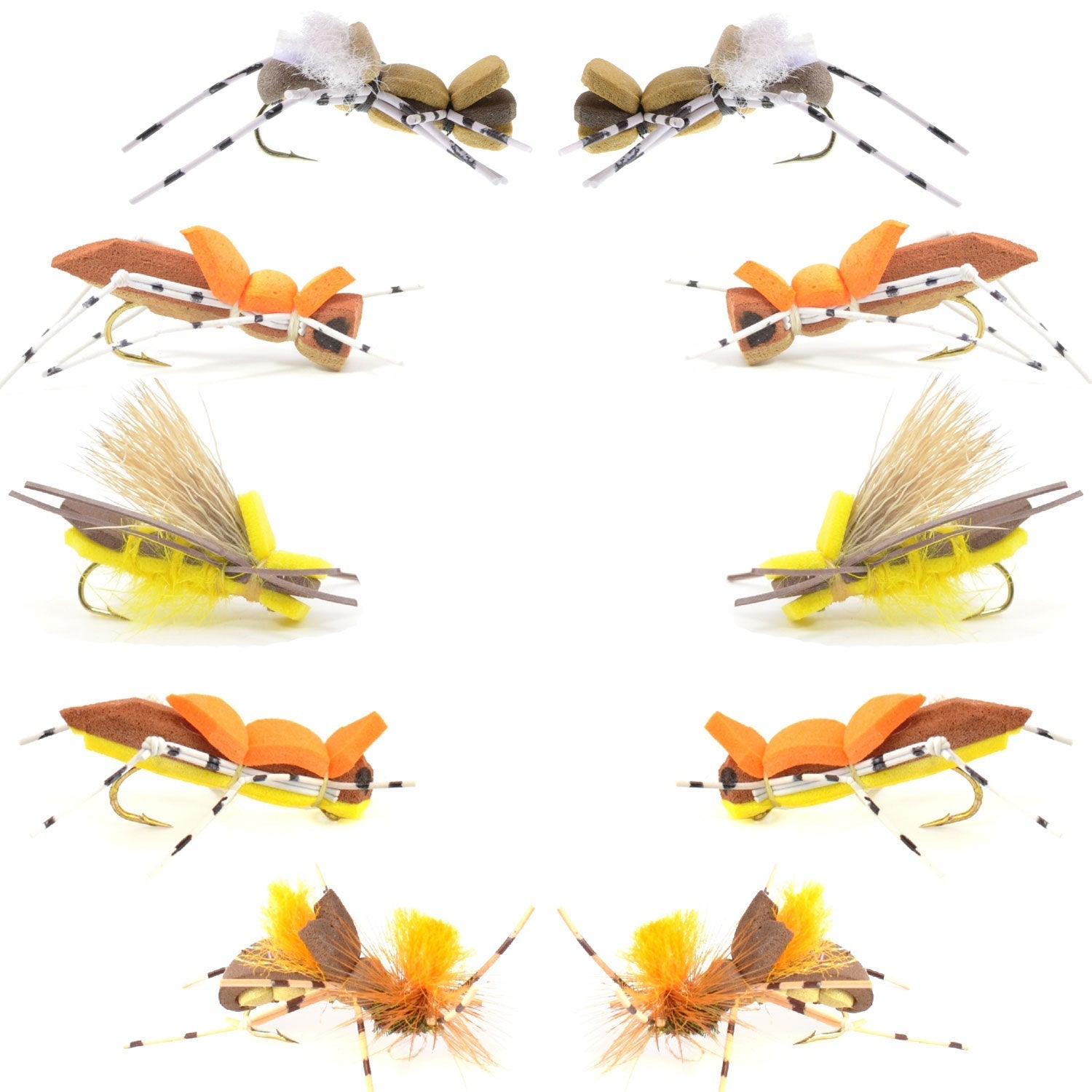 Essential Foam Hoppers Dry Fly Set - 10 Premium Grasshopper Patterns - Size 10 Hooks - Korvel