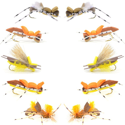 Essential Foam Hoppers Dry Fly Set - 10 Premium Grasshopper Patterns - Size 10 Hooks - Korvel