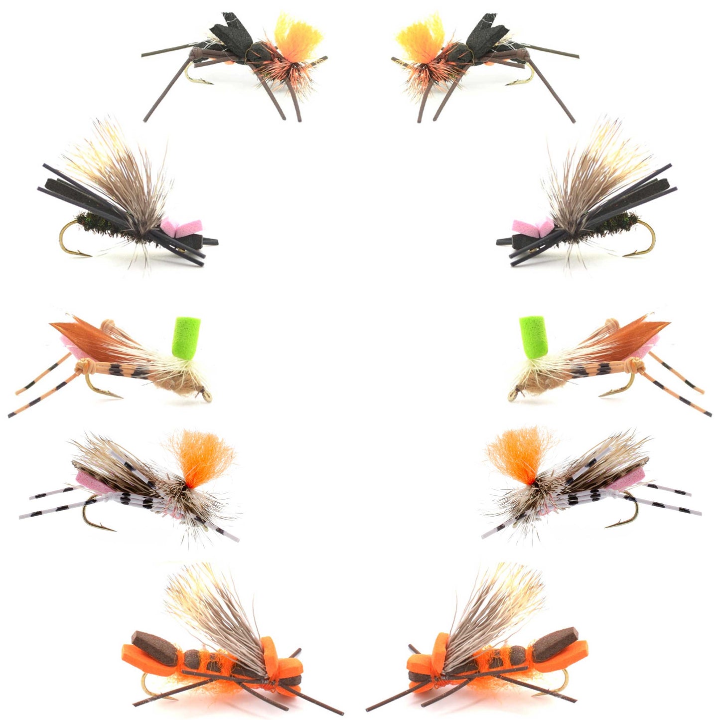 Colección Basics - Surtido de moscas secas Foam Hoppers n.° 2 - 10 moscas secas Grasshopper para pesca - 5 patrones - Anzuelo tamaño 10 