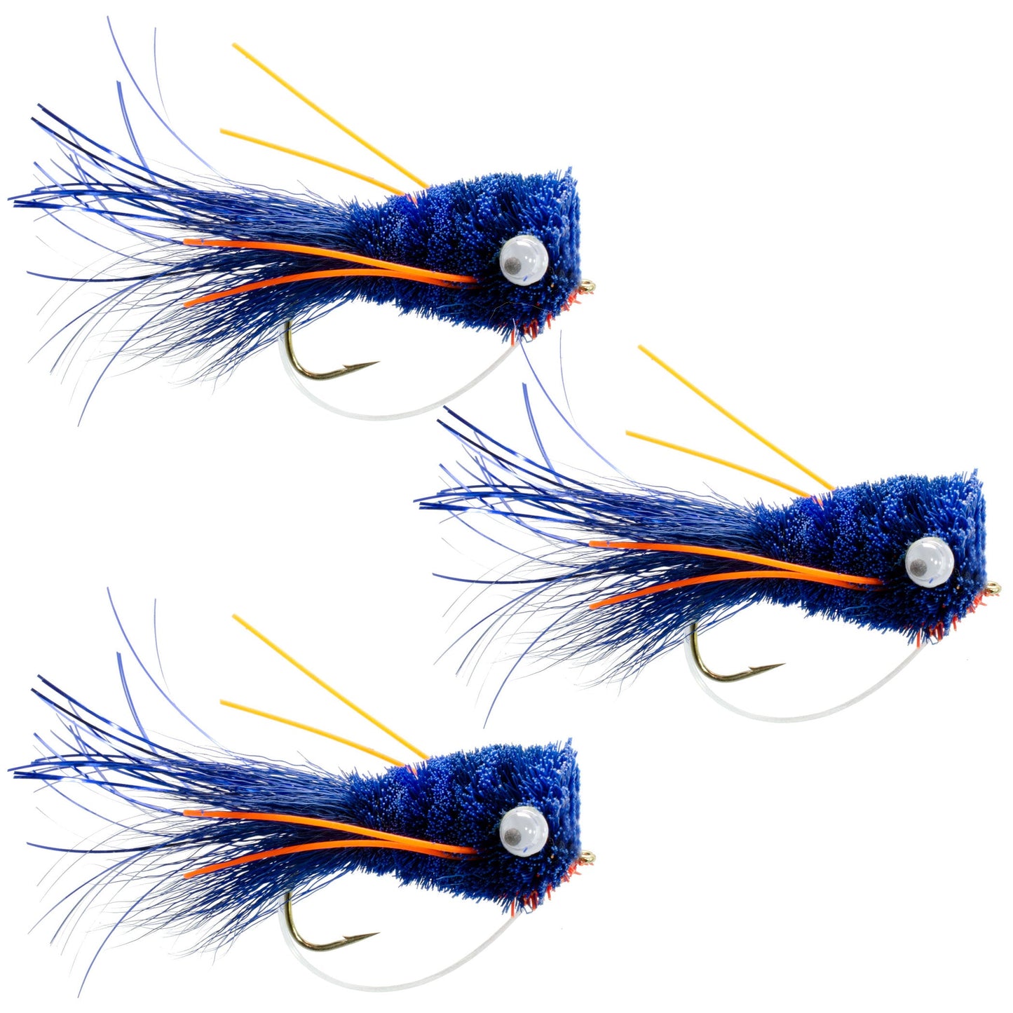 3 Pack Flashtail Bass Popper Size 6 - Vibrant Blue & Orange Fishing Flies with Weed Guard - Korvel
