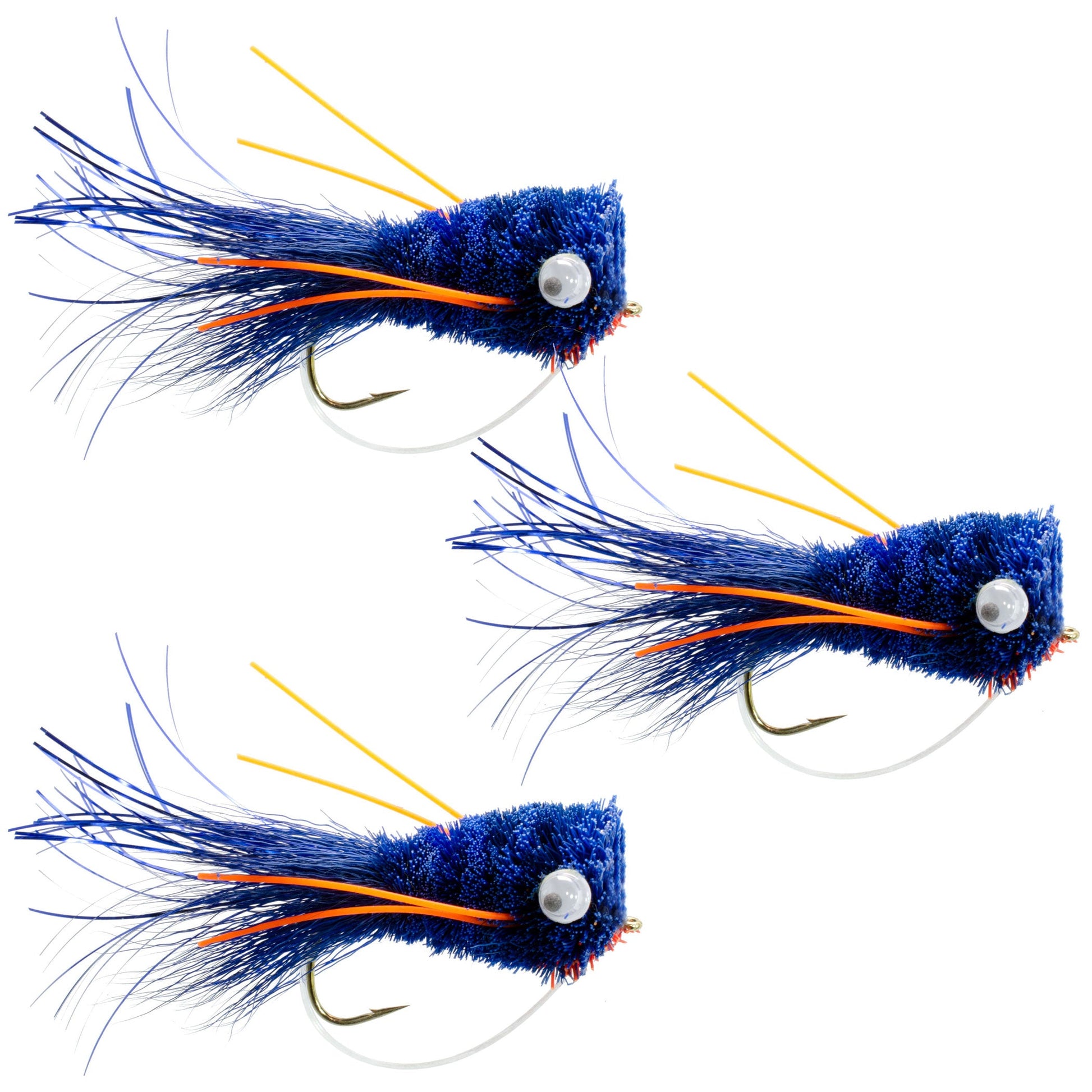 3 Pack Flashtail Bass Popper Size 6 - Vibrant Blue & Orange Fishing Flies with Weed Guard - Korvel