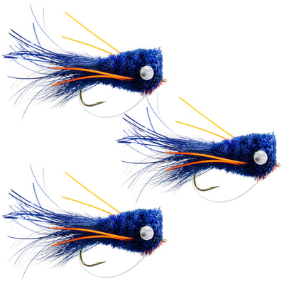 3 Pack Flashtail Bass Popper Size 6 - Vibrant Blue & Orange Fishing Flies with Weed Guard - Korvel