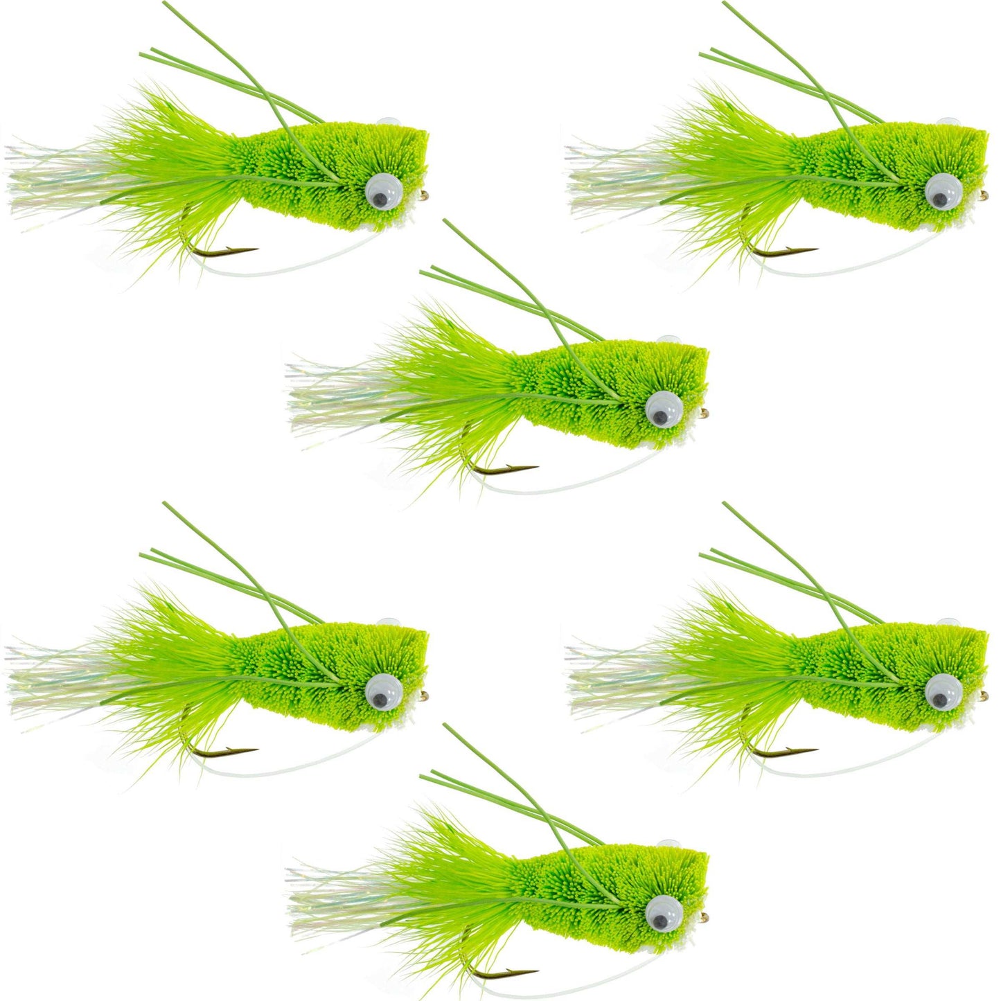 Chartreuse Flashtail Bass Popper - Set of 6 Size 6 Hooks for Bass Fishing - Korvel