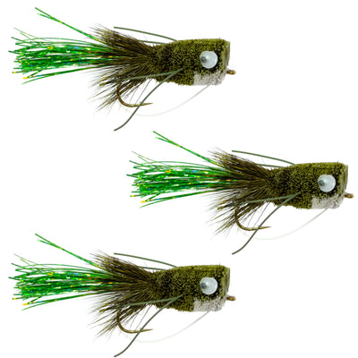 Olive Bass Popper Flies - 3 Pack Size 8 with Weed Guard - Korvel