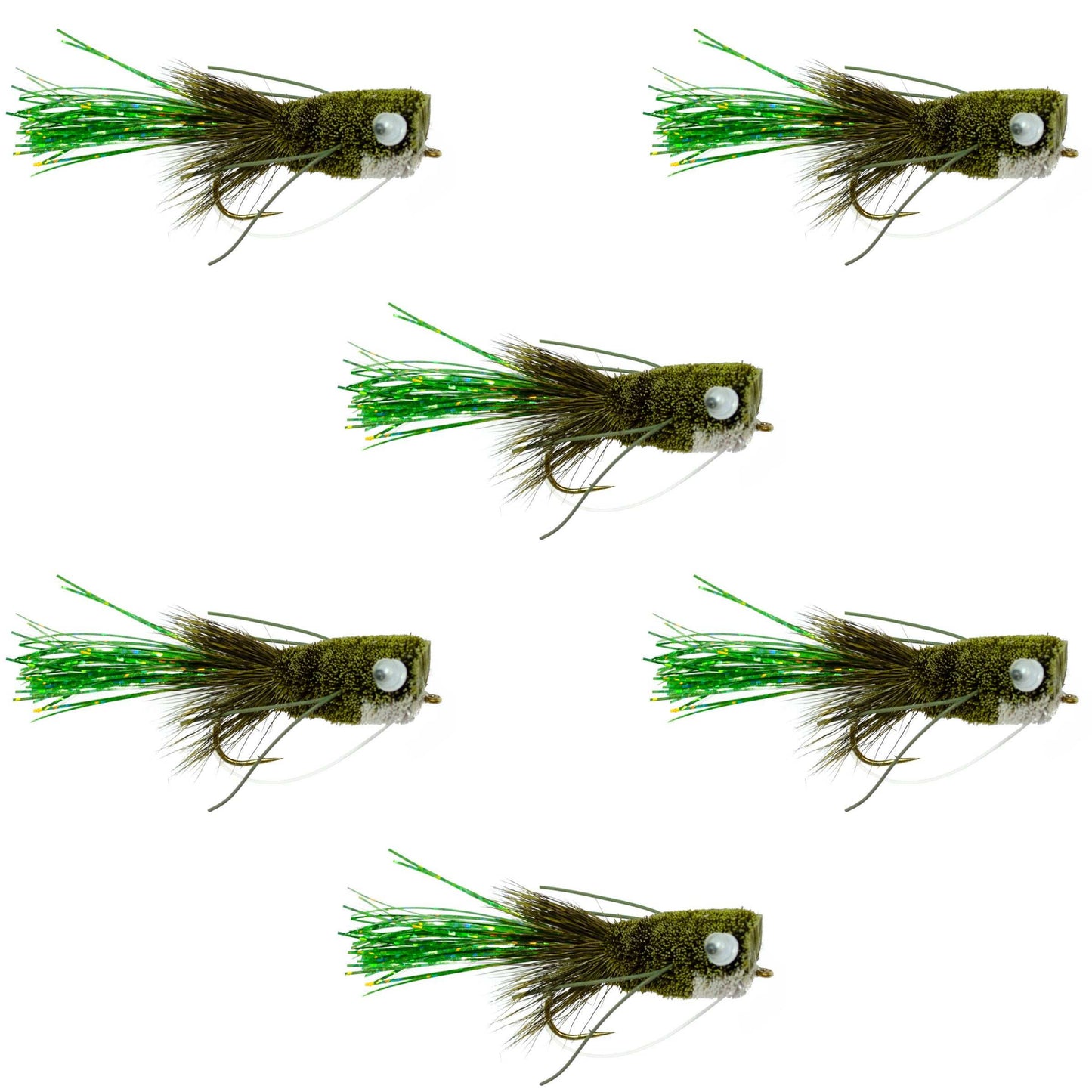 Olive Bass Popper Flies - 6 Size 8 Fishing Lures with Weed Guard - Korvel