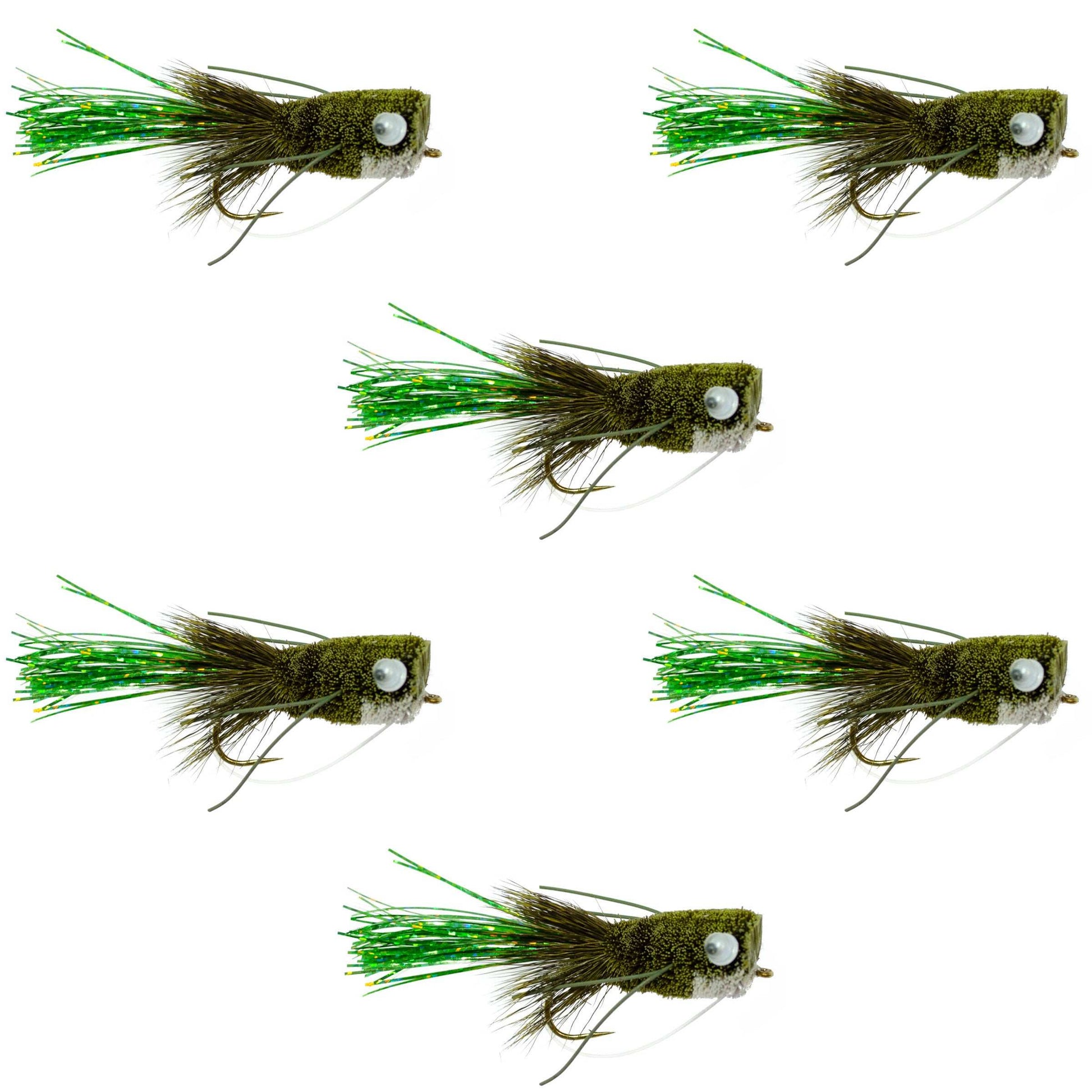 Olive Bass Popper Flies - 6 Size 8 Fishing Lures with Weed Guard - Korvel