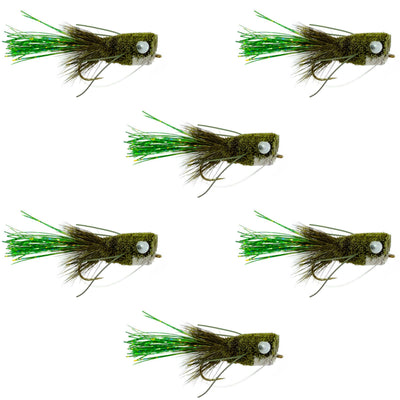 Olive Bass Popper Flies - 6 Size 8 Fishing Lures with Weed Guard - Korvel
