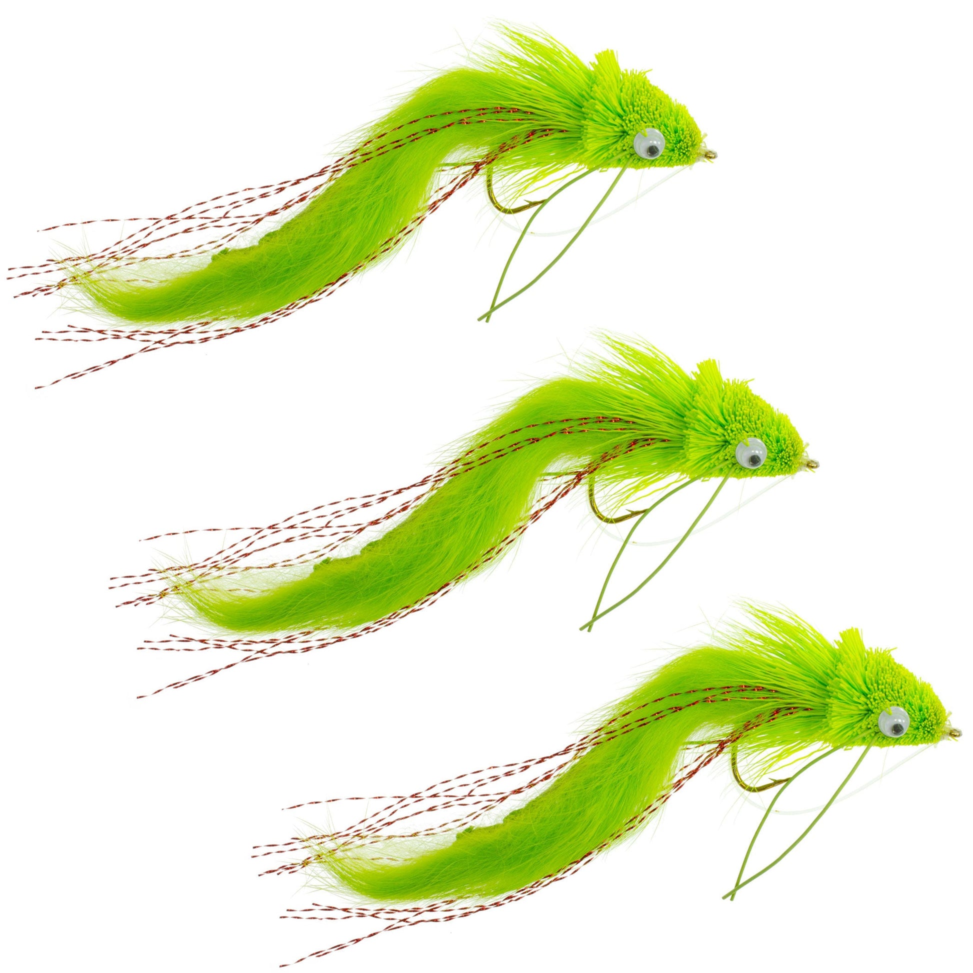 3 Pack Chartreuse Deer Hair Diver Flies - Size 4 Bass Fishing Lures with Weed Guard - Korvel