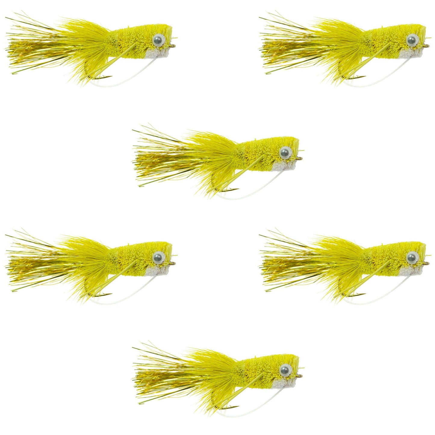 Flashtail Bass Popper - 6 Size 8 Flies for Bass Fishing - Yellow Bug with Weed Guard - Korvel
