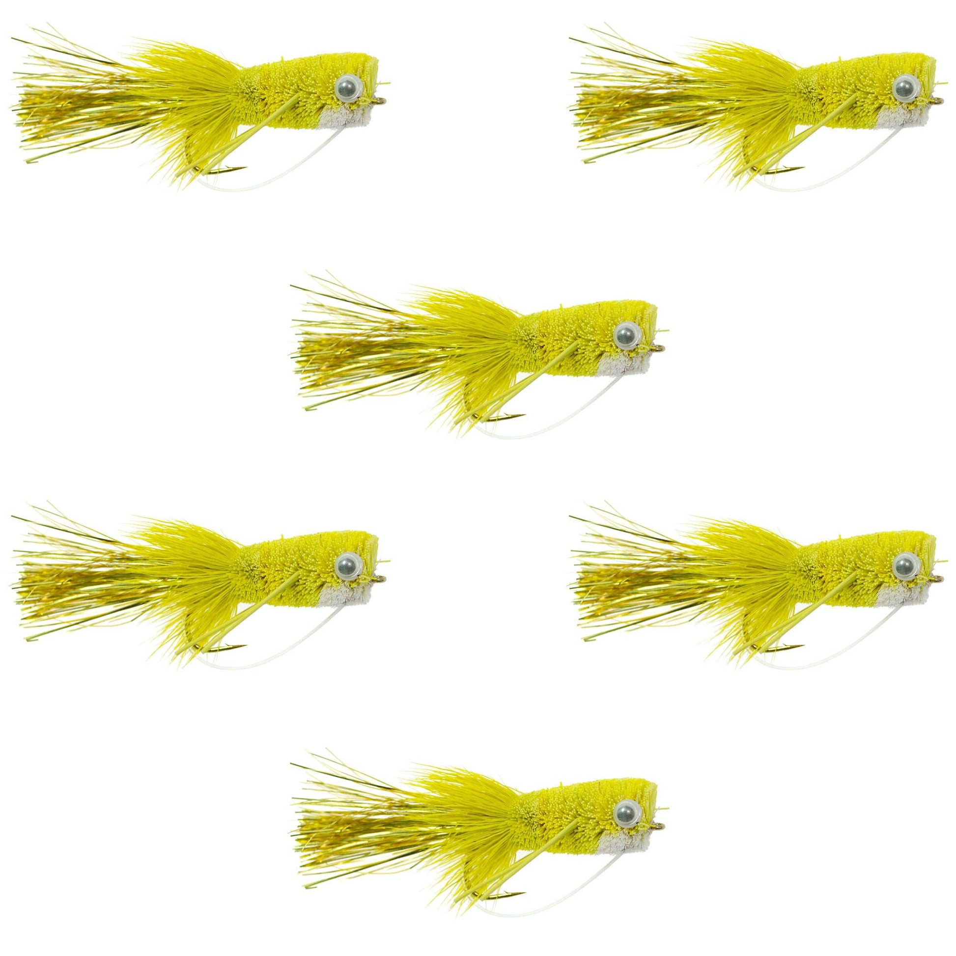 Flashtail Bass Popper - 6 Size 8 Flies for Bass Fishing - Yellow Bug with Weed Guard - Korvel