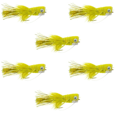 Flashtail Bass Popper - 6 Size 8 Flies for Bass Fishing - Yellow Bug with Weed Guard - Korvel