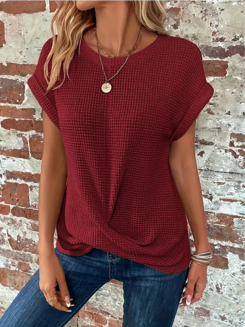 Camiseta de Cuello Redondo de Waffle Sólido de Verano Chic y Cómoda