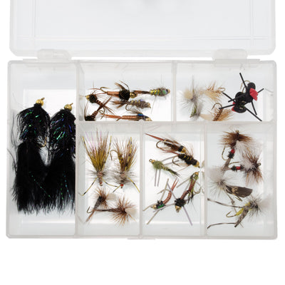 Essential 28 Fly Assortment Gift Set with Clear Fly Box – Perfect for Beginner or Advanced Fly Fishers (2 of Each Top Trout Pattern) - Korvel