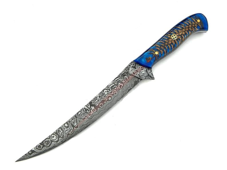 Premium 13" Handmade Damascus Fillet Knife with Blue Resin Handle - Korvel