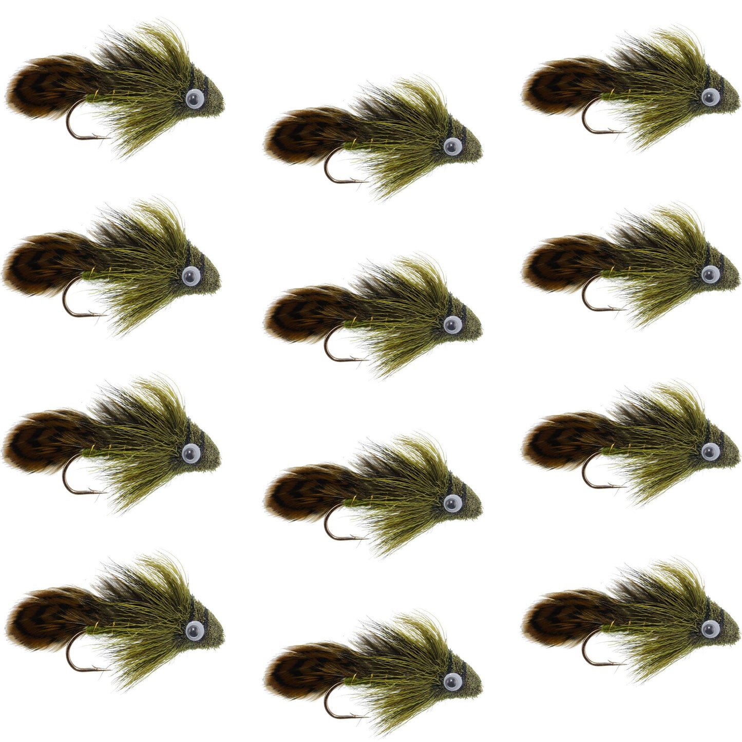 Big Eye Olive Sculpin Streamer Flies - 1 Dozen Bass and Trout Fly Fishing Flies - Hook Size 2 - Korvel
