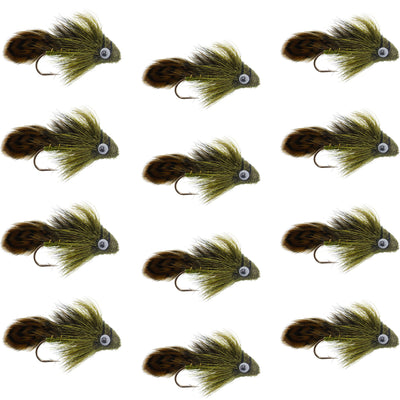 Big Eye Olive Sculpin Streamer Flies - 1 Dozen Bass and Trout Fly Fishing Flies - Hook Size 2 - Korvel