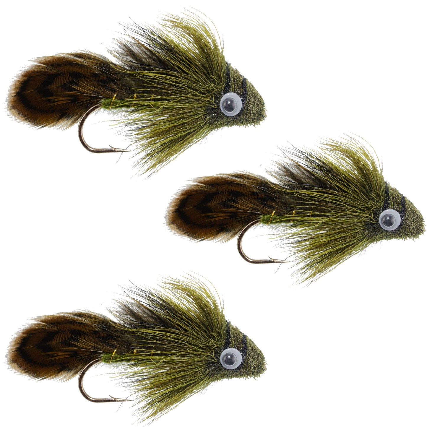 3 Pack Big Eye Olive Sculpin Streamer Flies - Bass and Trout Fly Fishing Flies - Hook Size 2 - Korvel