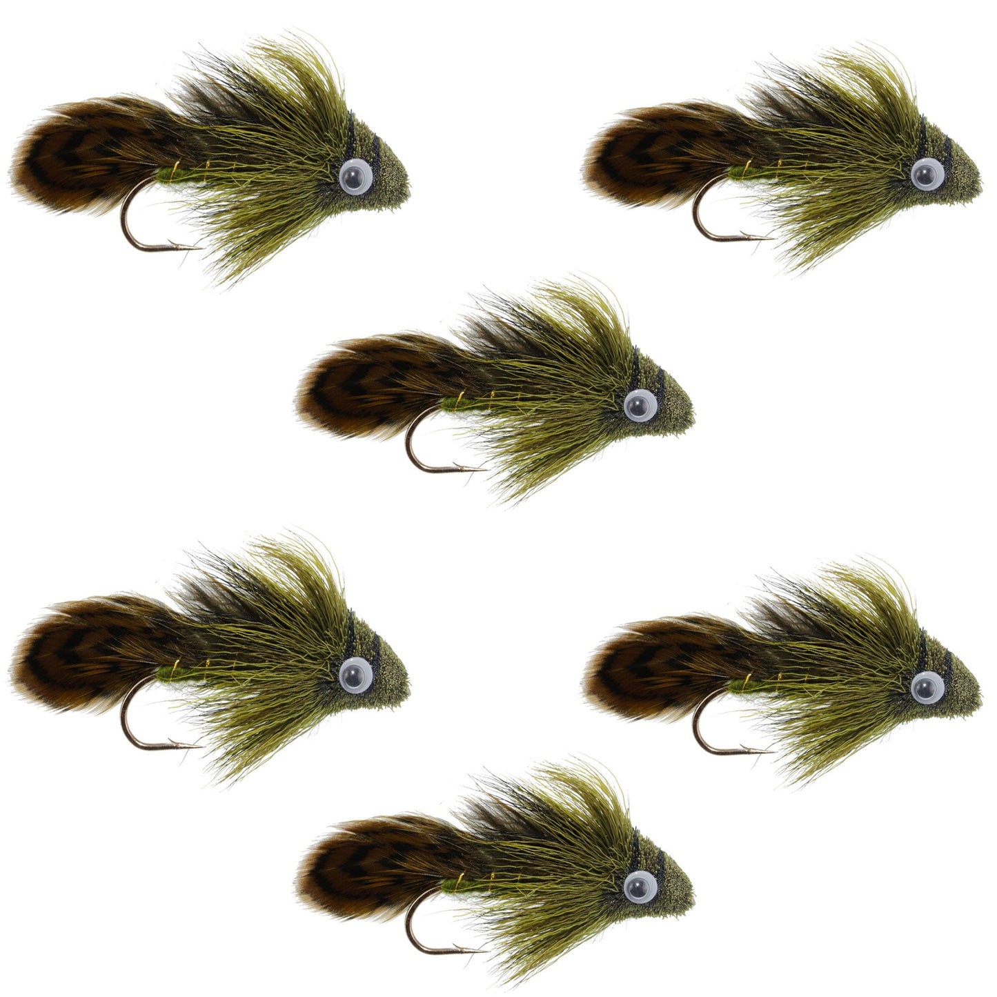 Big Eye Olive Sculpin Streamer Flies - 6 Bass and Trout Fly Fishing Flies - Hook Size 2 - Korvel
