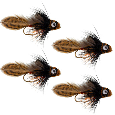 Big Eye Brown Sculpin Streamer Flies - Set of 4 Bass and Trout Fly Fishing Flies - Hook Size 2 - Korvel